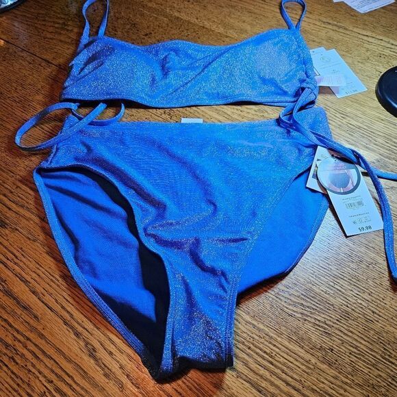 WT NOBO Sparkly Blue Bikini Set | Retro High Waist Bottoms | XL Top & L Bottom - Picture 1 of 11